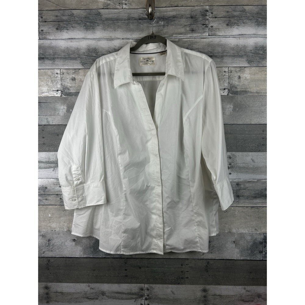 Riders Lee White 2X V Neck Button Up Blouse 3/4 Sleeve